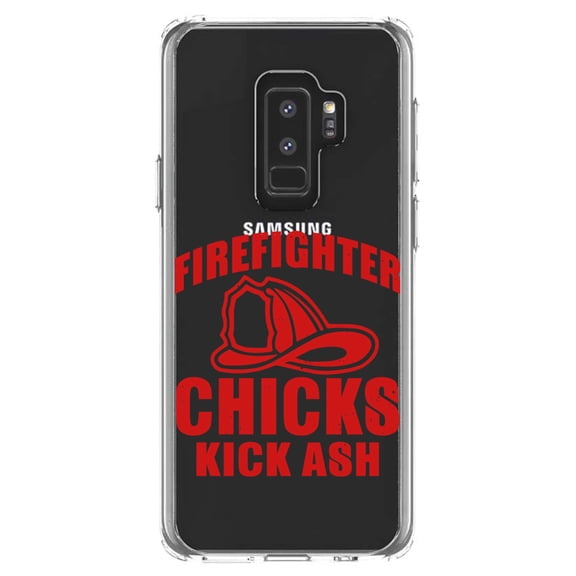 DistinctInk Clear Shockproof Hybrid Case for Samsung Galaxy S9  PLUS (6.2" Screen) - TPU Bumper Acrylic Back Tempered Glass Screen Protector - Firefighter Chicks Kick ASH