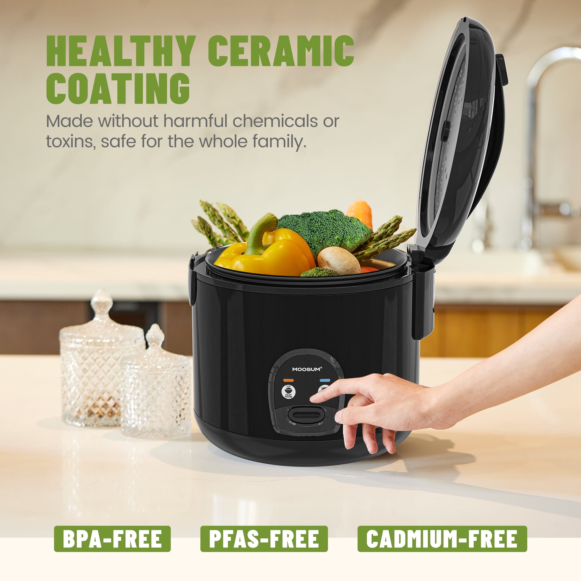 MOOSUM Electric Rice Cooker with One Touch for Asian Japanese Sushi Rice, 5-cup Uncooked, Fast&Convenient Cooker with Steamer, Removable Inner Cover and Auto Warmer, Black