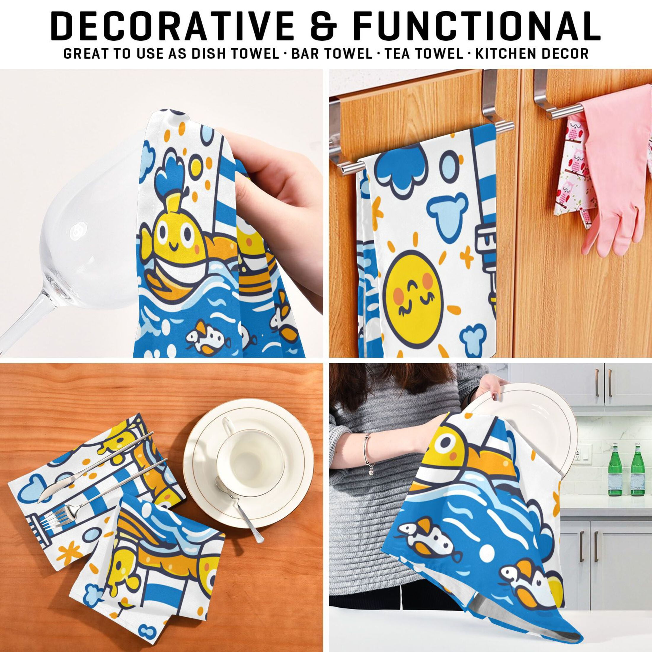 Children Doodle Style Kitchen Towels 6-Piece Pack Tea Towels for Kitchen Decorative Waffle Design 28x18in