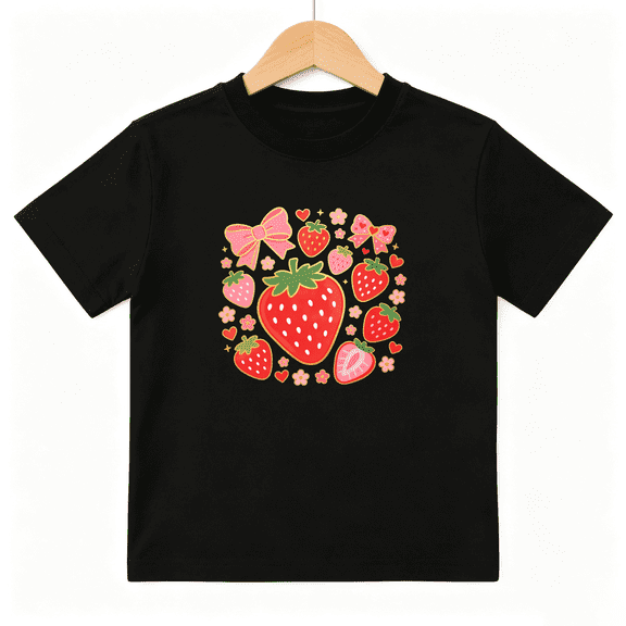 Cute Strawberry Patch Girls Graphic Tee, Kawaii Berry Bow Summer 100% Cotton Kids Short Sleeve T-Shirt