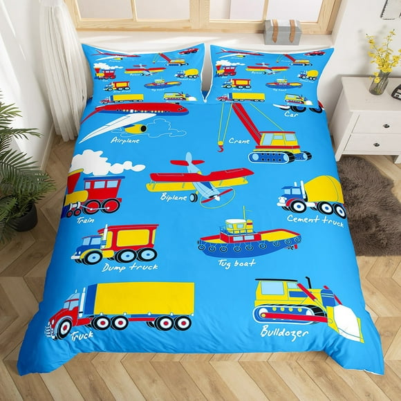 Kids Cartoon Car Duvet Cover King Size for Boys Airplane Comforter Cover Teens Transportation Cars Bedding Set Vehicles Boat Truck Train Quilt Cover Red Blue Bedspread Cover Cute Room Decor 3Pcs