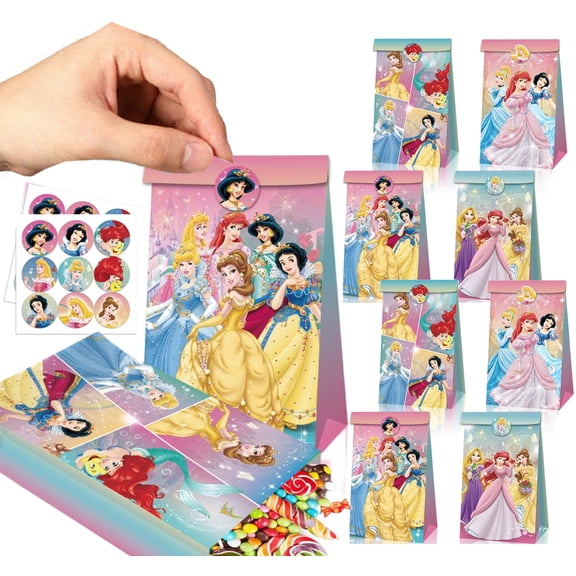 12 PCS Princess Party Gift Bags Girls' Happy Birthday Favor Bags Princess Goodie Bags Belle Bags Cinderella Gift Bags Sleeping Beauty Gift Bags Snow White Favor Bag