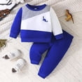 thumbnail image 2 of Odeerbi Infant Boys Fall Winter Outfits Dinosaur Sweatsuits Color Block Cotton Tracksuit Printed Loose Long Sleeve Sweatshirt Sweatpants Set Infant Clothes Blue, 2 of 4