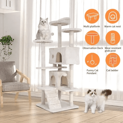 BORGEBY 54in Cat Tree Tower for Indoor Cats，Multi-Level Pet Furniture with Sisal Scratching Post, Large Cozy Condo, Climbing Ramp, Kitten Toy（Beige）