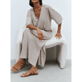 thumbnail image 5 of Yunliwuli Women Long Dress, Elegant Half Sleeve V Neck Solid Loose Slit Dress Summer Knit Dress, 5 of 8