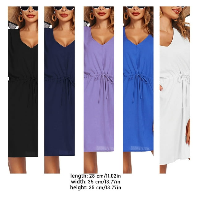 Robes à Col en V pour Femmes Mode Taille S-TTG Manches Courtes Jupe de Plage au-Dessus du Genou Robe Unie Robe d'Été Mode Urbaine Bleu Foncé m