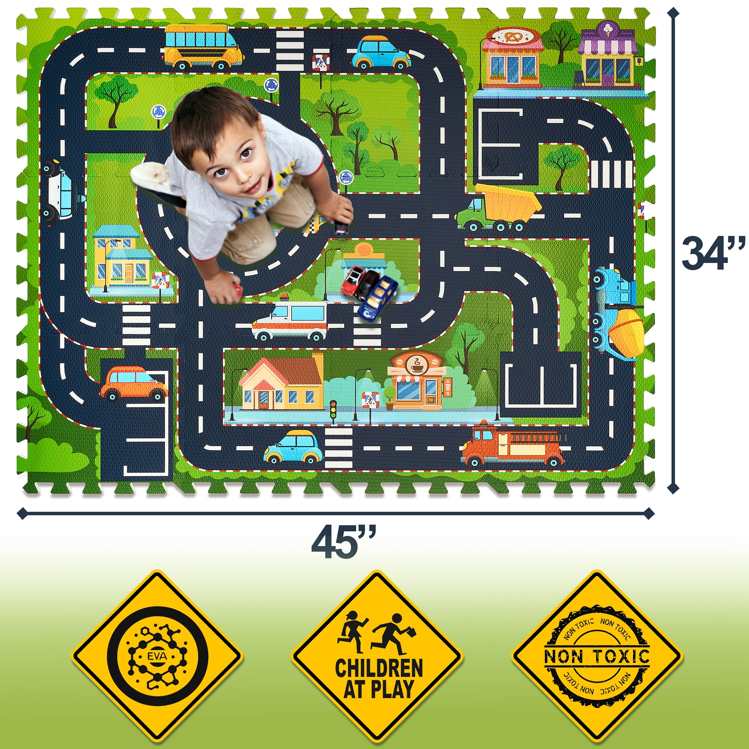Sorbus Foam Playmat for Kids - Traffic Play Mat for Babies - Interlocking Floor Mats City Road Design - Track Play Rug for Children - Educational Playmat Rug Squares for Toy Cars & Trucks (12 Tiles)