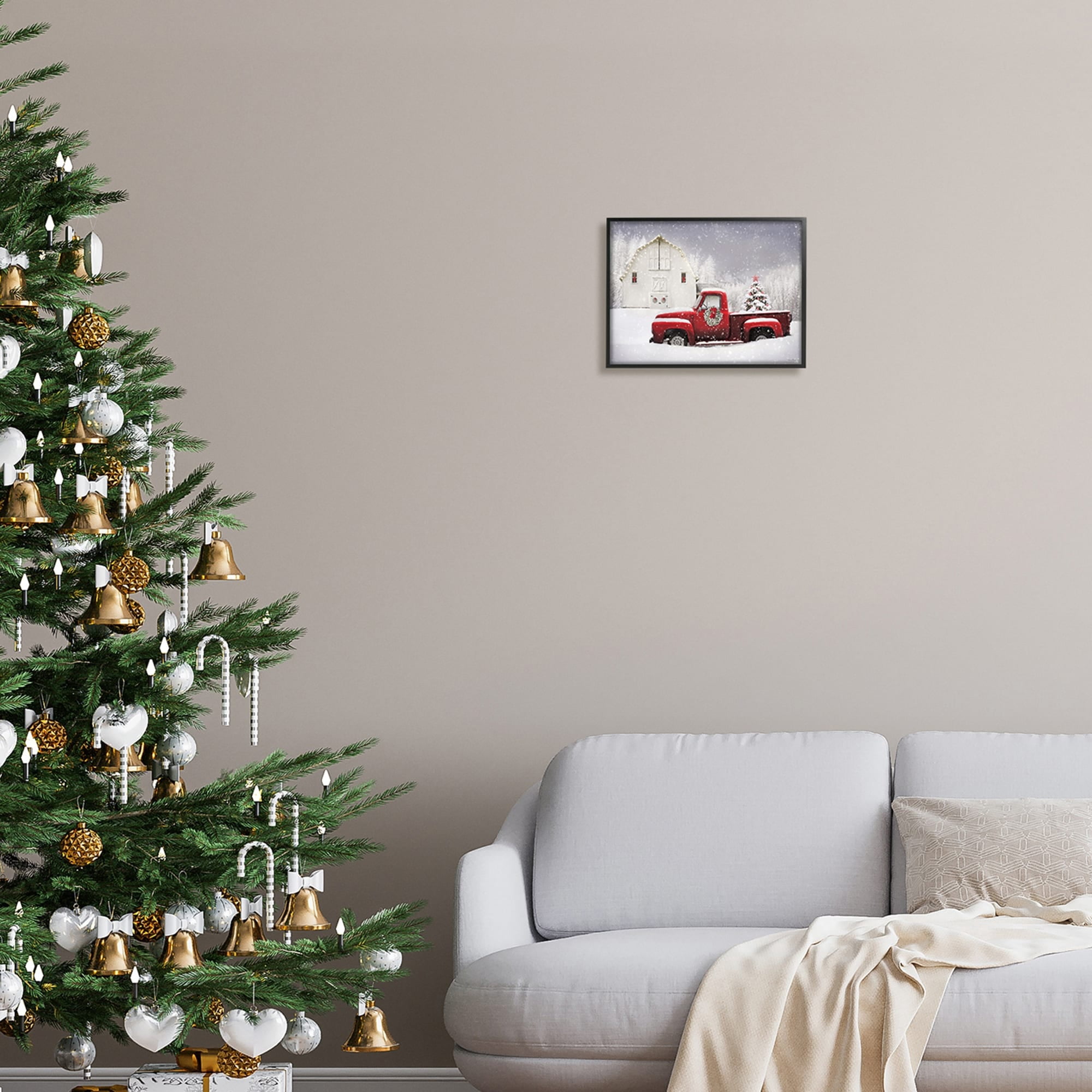 Red Truck Parked Snowy Decorated Christmas Barn Transportation Painting Framed Art Print Wall Art