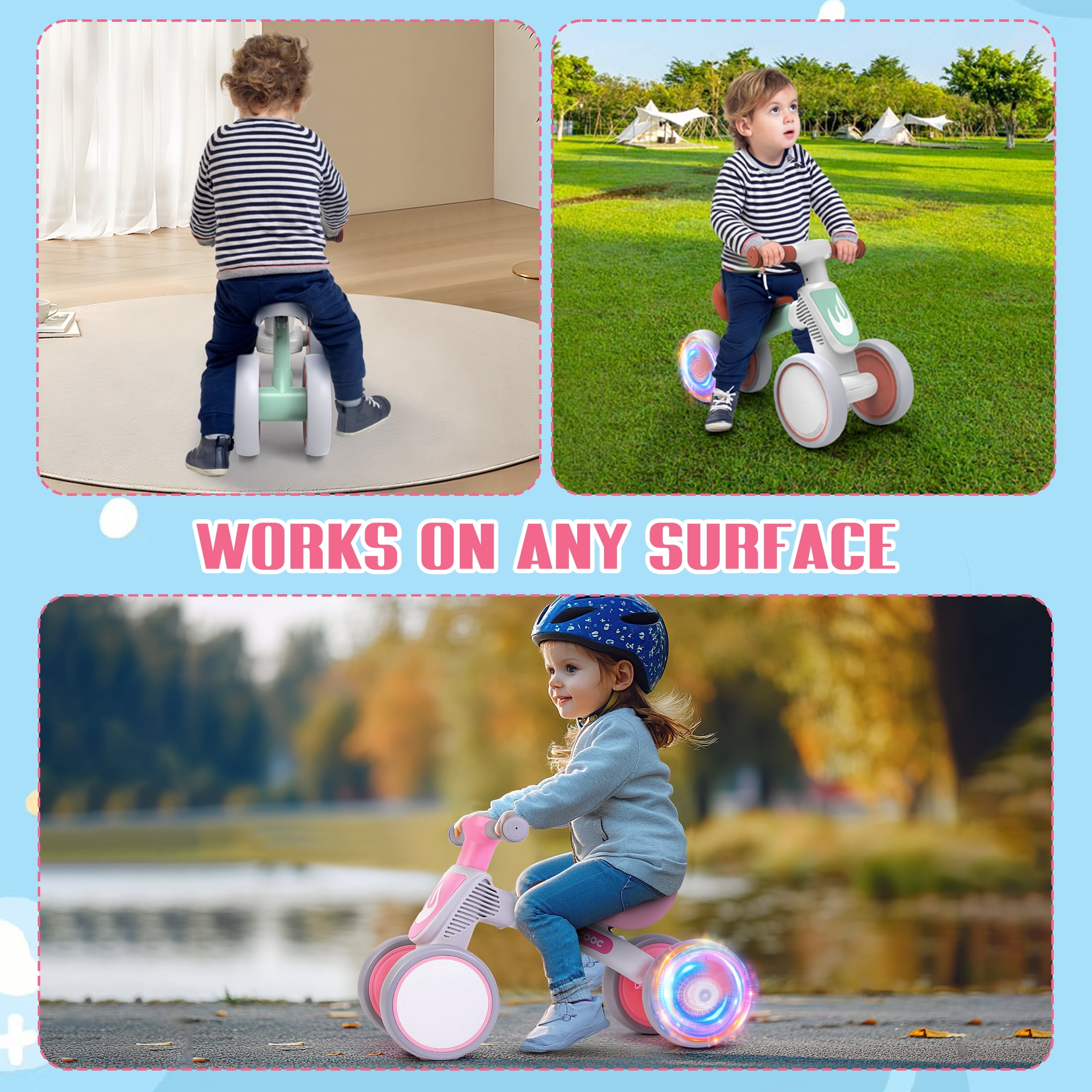 Kicacooc Toddler Balance Bike for 1 Year Old Boys Girls, Baby Balance Bike with No Pedal 4 Silence Wheels & Soft Seat First Bike, 12-24 Month Toddler Balance Bike, Pink