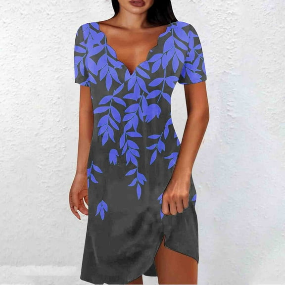DailyTrove Women's Leaf Print V-Neck Midi Dress, Short Sleeve, Casual Daily & Garden Wear, Lightweight Rayon Blend