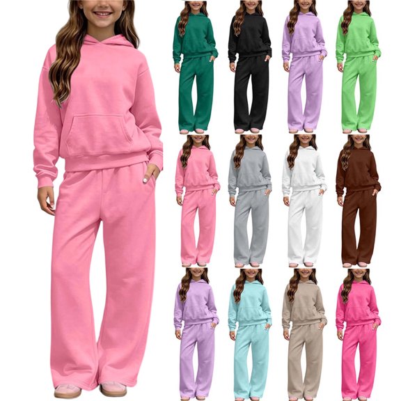 XRoczxe Kids Unisex 2 Piece Outfit Set Solid Hooded Sweatshirt & Wide Leg Sweatpants Casual Fall Winter Tracksuit