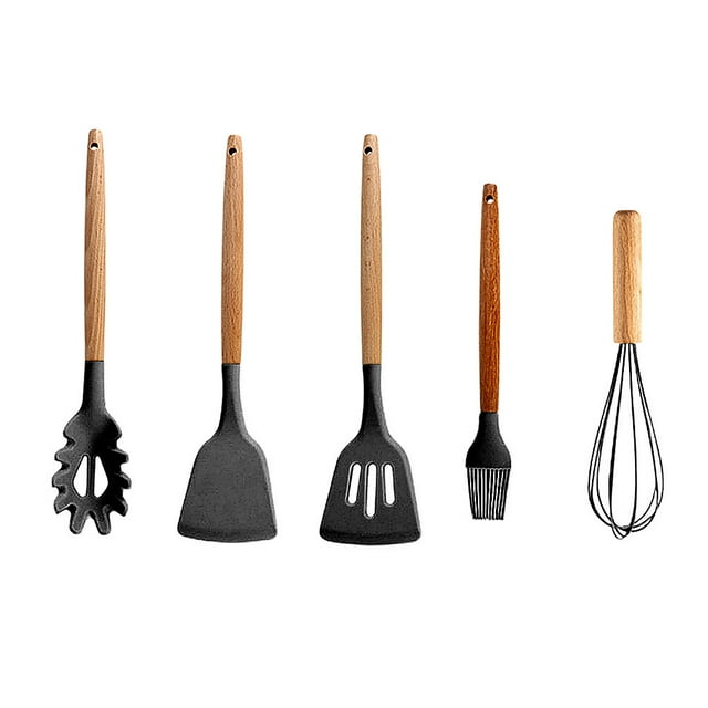 Utensilios de cocina de silicona con mango de madera, 5 uds. (espátula, pala para freír, cuchara para Fideos, cepillo de aceite y batidor de huevos)
