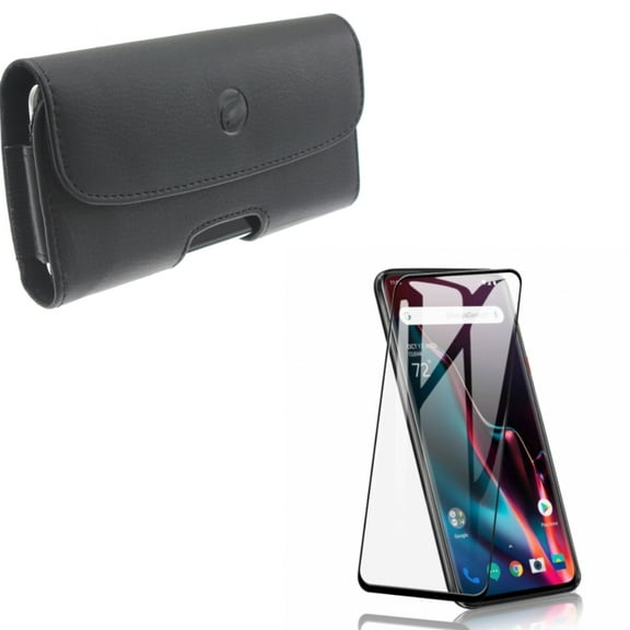 Screen Protector w Case Belt Clip for OnePlus 7 Pro - Tempered Glass 3D Curved Edge Full Cover, Leather Holster Cover Pouch