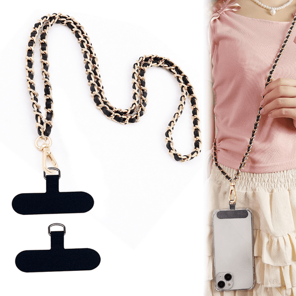 Cell Phone Lanyard, Adjustable Neck Strap for Women, 2  Pads,Chain Anti-Theft Strap Universal Crossbody, Multifunctional Compatible with Most Smartphones and iPhone 15(Gold & Black)