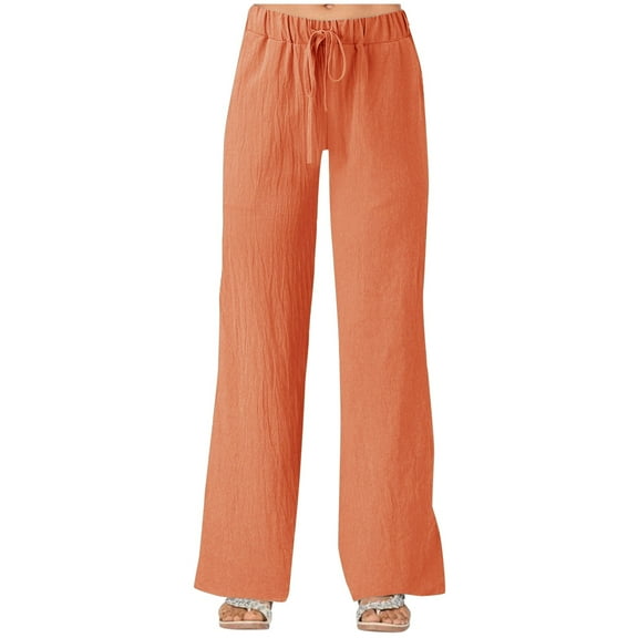 CHWGFWL High Waisted Pants for Women Women's Solid Color Strapped Pockets Loose Casual Wide Leg Cotton Linen Casual Pants Pants Petite Wide Leg Pants for Women (orange,L)