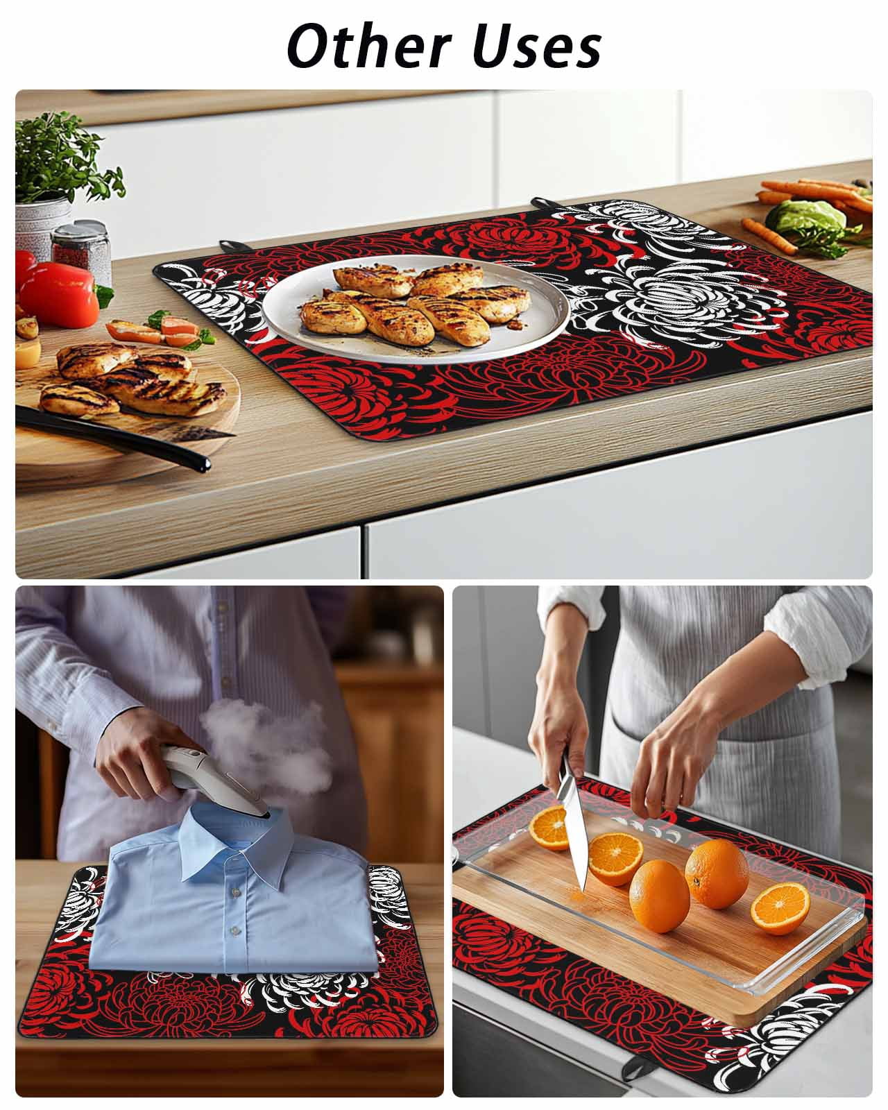 Stove Top Covers for Electric Stove, Red White Glass Stovetop Cover Protector, Abstract Black Chrysanthemum Flower Floral Induction Cooktop Protector Oven Mat for Kitchen Countertop 24"x21"