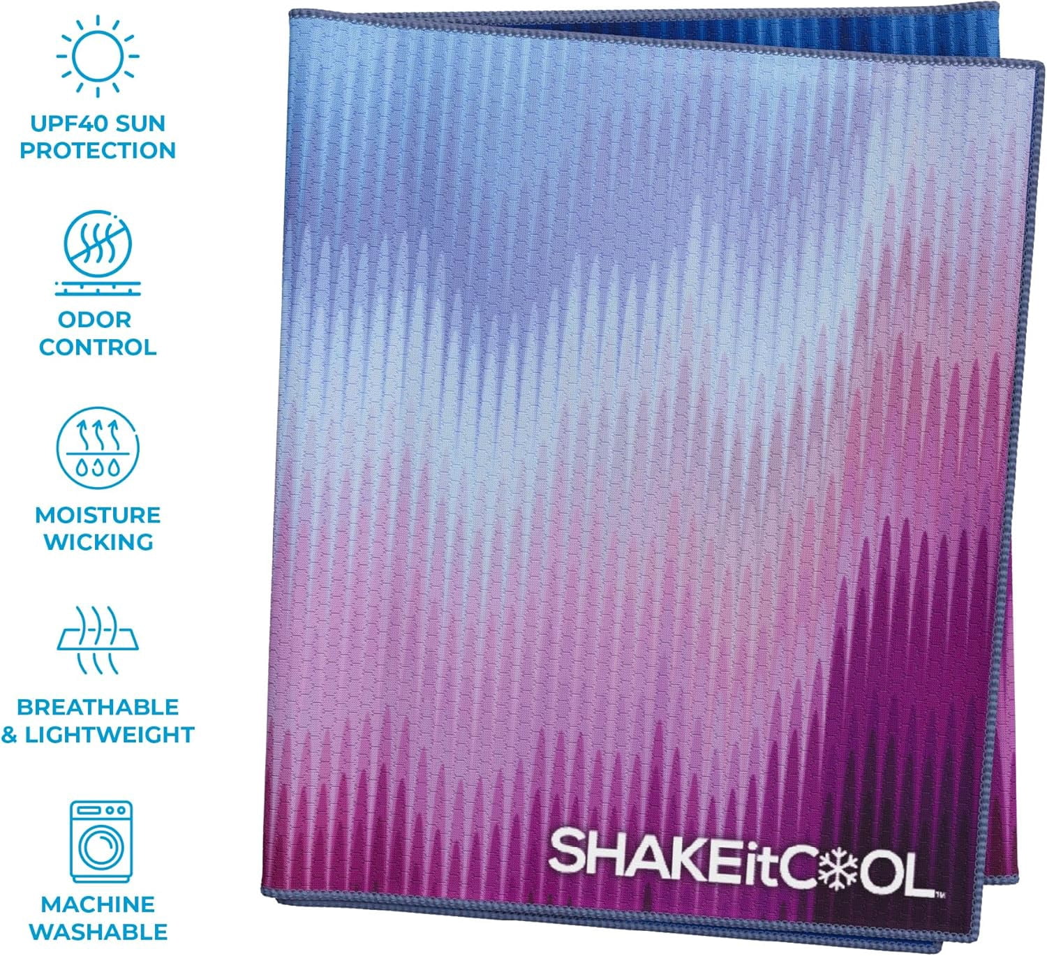 SHAKEitCOOL Extended Size Cooling Towel – Be Cool in Style - Heat Relief, Soft, Lightweight, Sun Protection, Easy Clean - Perfect for Biking, Hiking, Running, Yoga, Golf - Blue Purple Wave
