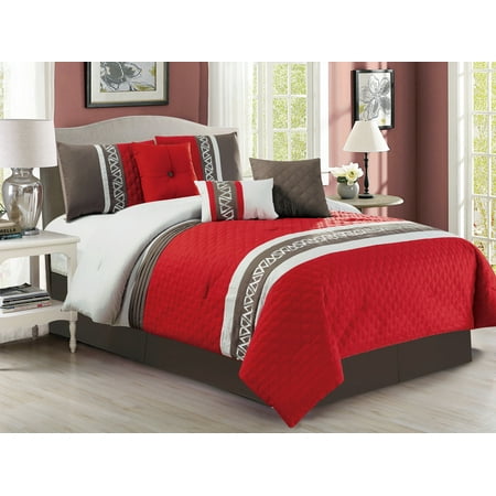 7-Pc Diamond Embossed Triangle Greek Key Meander Embroidery Comforter Set Red Brown Silver Queen