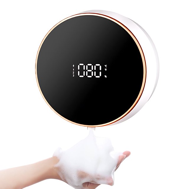 Dispensador automático de jabón de manos en espuma, montaje en pared sin contacto, sin perforación, 300 ml, dispensador de jabón de espuma recargable multifuncional con pantalla LCD, 3 niveles ajustab