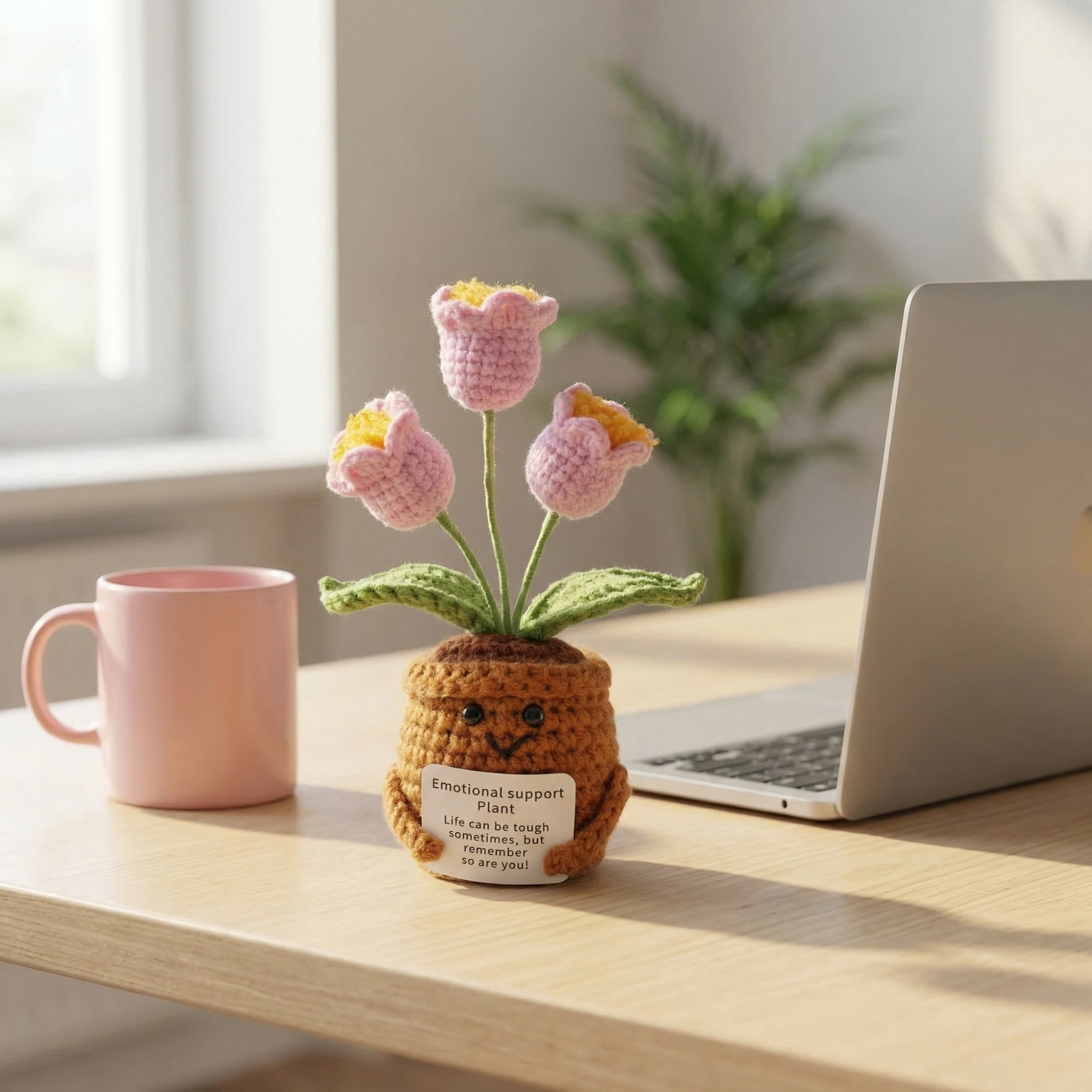 Unique Bargains Handmade Crochet Lily Knitted Potted Plant Pink 4.3inch