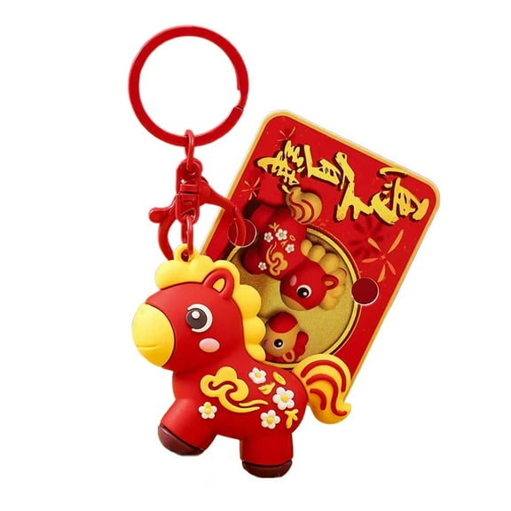 2026 Year of the Horse Keychain Pendant, Chinese New Year Zodiac Lucky Charm, Soft Rubber Mascot Key Ring, Red/Yellow Gift Accessory