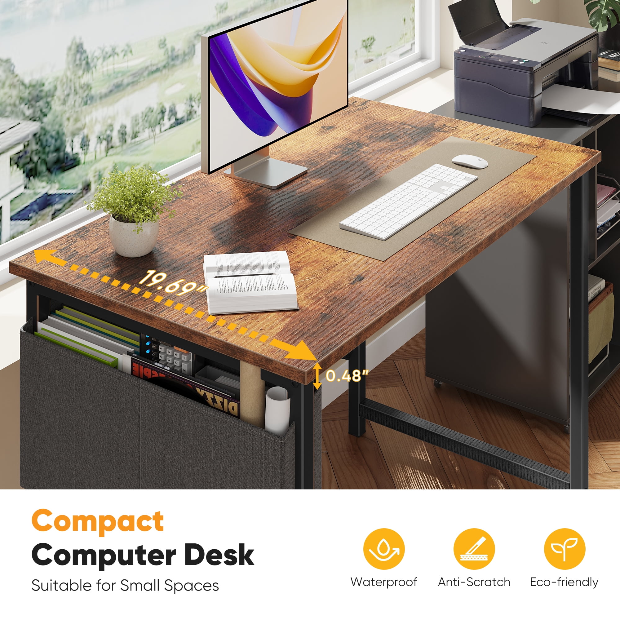 JIOABL 31 inch Computer Desk with Metal Frame and Storage Pouch, Fixed Leg Study Table for Bedroom Office, Rust