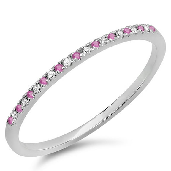 Dazzlingrock Collection 14K Round Pink Sapphire & White Diamond Dainty Anniversary Wedding Stackable Ring, White Gold, Size 7