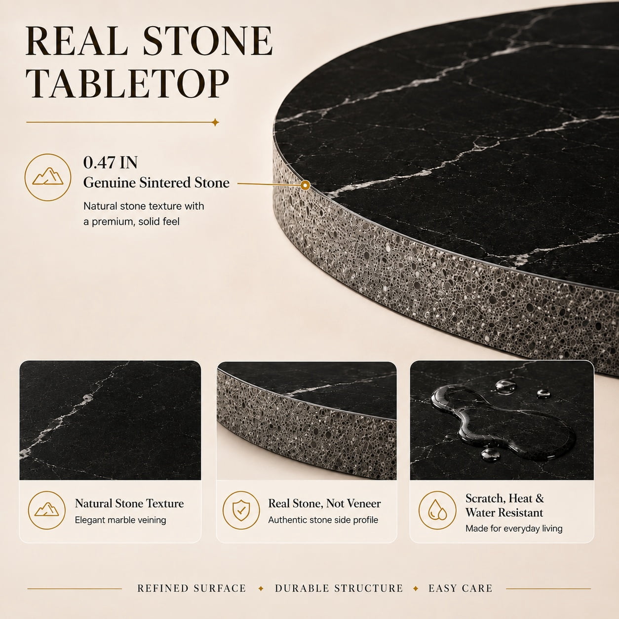Aukfa 31.5" Round Sintered Stone Dining Table for 2-4, Kitchen Table Tulip Table with Gold Pedestal Base for Bistro Small Apartment,Black Onyx