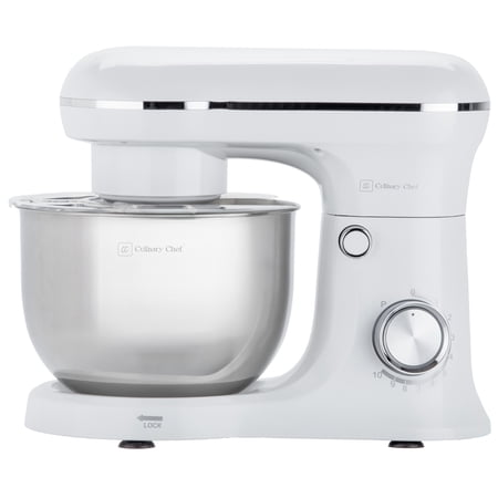 Culinary Chef 4.5 Liter 8 Speed Stand Mixer with Stainless Steel Bowl, 380 Watt Kitchen Mixer with Dough Hook, Beater, Whisk, Splash Cover, White