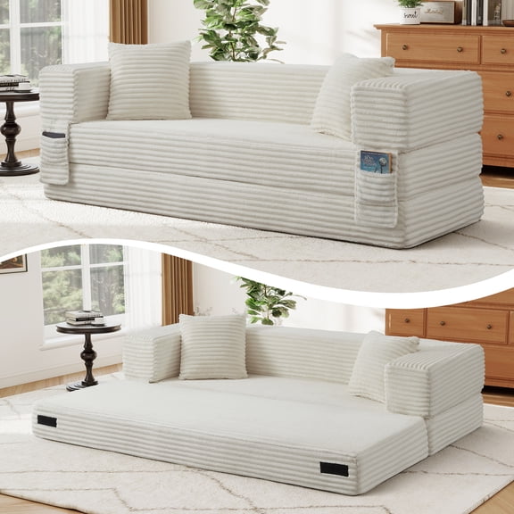 Aukfa 78.7" Corduroy Convertible Sofa Bed, Boneless Sleeper Sofa Couch for Living Room Apartment,Beige