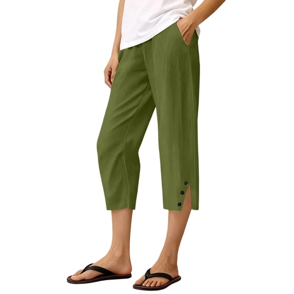 Wutalume Women's Cotton Linen Capri Pants Elastic Waist Casual Loose Straight Leg Beach Pocket Trousers Summer Vacation,Army Green L