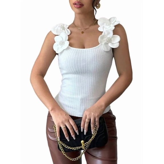 Women'S 3D Floral Fitted Tank Top Scoop Neck Sleeveless Ribbed Knit Tops White M