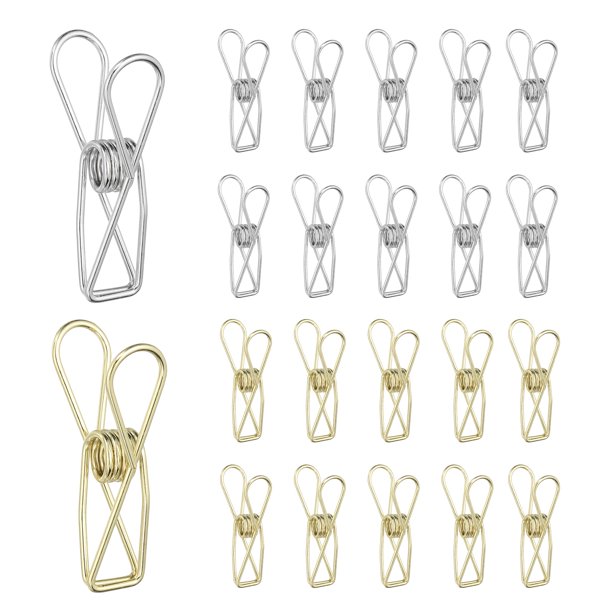 Uxcell 50Pcs Clips de carpeta de oficina de papel, 1.26" pequeños clips de papel de alambre metálico hueco de cola larga para colgar fotos, ropa, oficina, hogar, cocina, paquete de comida, Plata/Oro