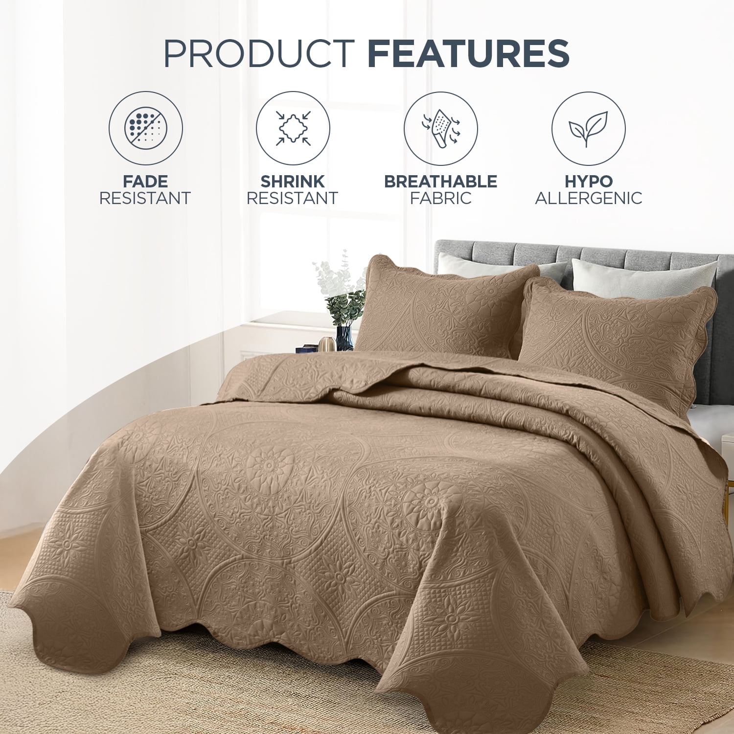 Moonlight20015 2 Piece Quilt Set Lightweight Microfiber Bedspread Modern Floral Embossing Beige Twin