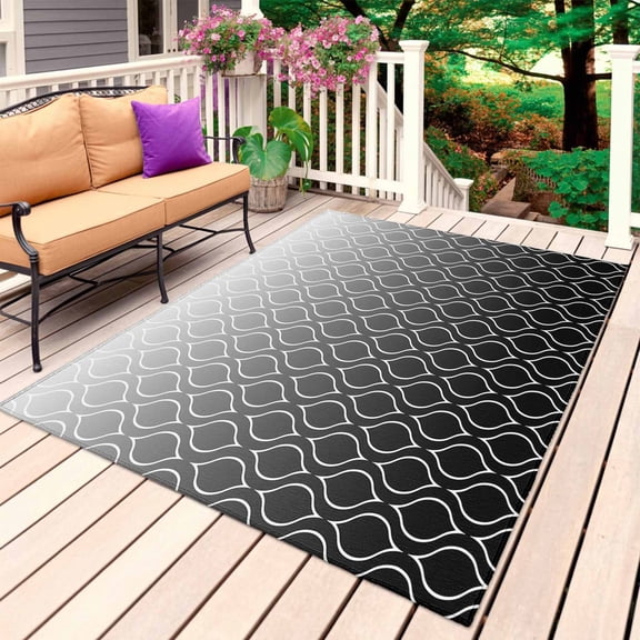 Morocco Black Outdoor Rug for Patio/Deck/Porch, Non-Slip Large Area Rug 4 x 6 Ft, Classic Geometric Abstract Gradient Indoor Outdoor Rugs Washable Area Rugs, Reversible Camping Rug Carpet Runner