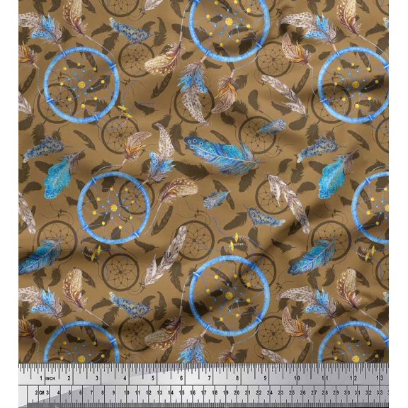 Soimoi Crepe Silk Fabric Feather & Dream Catcher Home Decor Fabric Prints by Yard 42 Inch Wide
