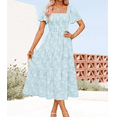 thumbnail image 2 of Womens Summer Casual Midi Print Dresses Square Neck Short Sleeve Smocked A Line Floral Flowy Elegant Boho Dress, 2 of 6