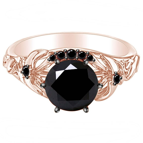 AFFY 2.13 Carat Round Shape Black Natural Diamond Engagement Ring 14K Solid Rose Gold Ring Size-5