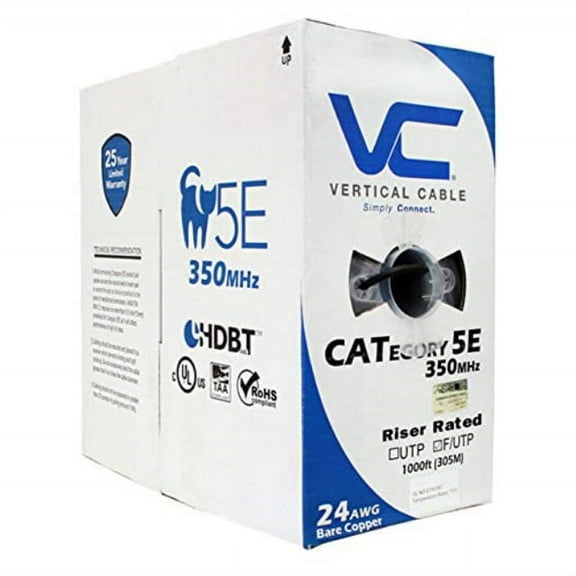 Vertical Cable Cat5e, 350 MHz, Shielded, 24AWG, Solid Bare Copper, 1000ft, Black, Bulk Ethernet Cable