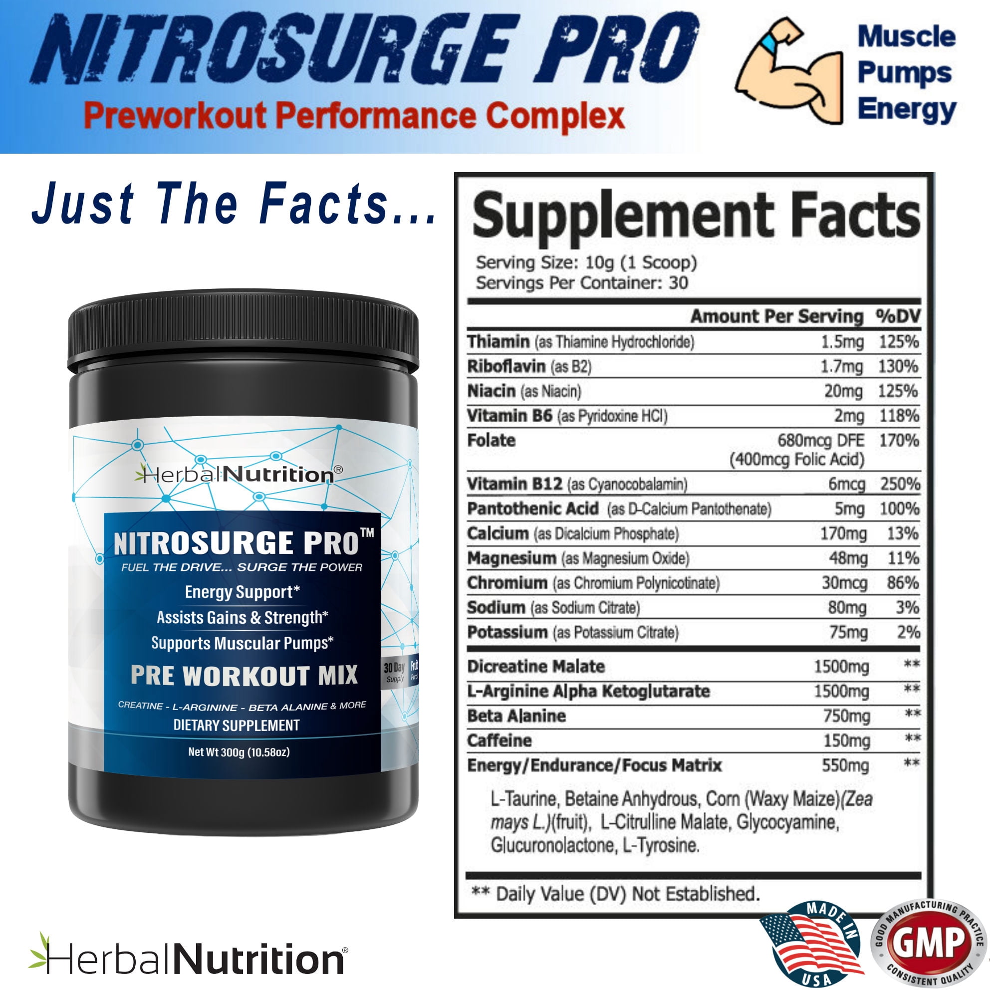 Nitrosurge Pro Pre Workout Powder with Creatine, Nitric Oxide & Energy Support Formula, 300g