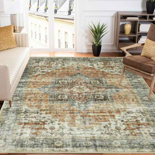 HOMERRY Large Area Rug 9' x 12' Floral Rug for Living Room Washable Rug Stain Resistant Non-Shed Indoor Carpet Low Pile Mat, Brown/Yellow
