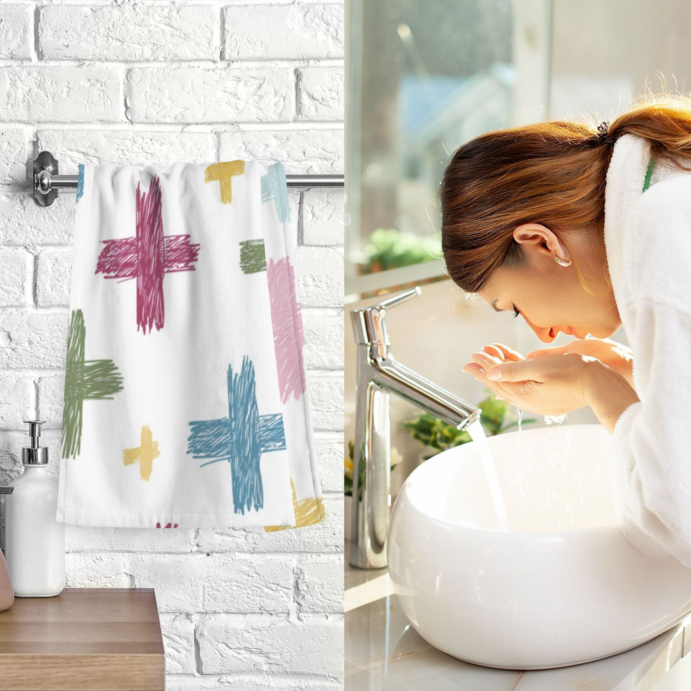 2-Pack Soft 100% Cotton & Highly Absorbent Bath Towel 2 Defferent Pattern Designs Colorful Hand-drawn Crosses Brown Beige