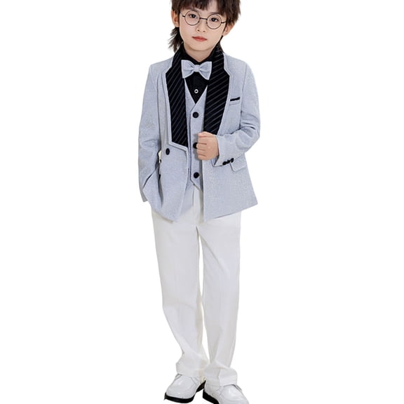 KyCheLot Boys 4 Piece Outfit Formal Lapel Jacket Long Sleeve Dress Shirts and Suit Pants with Bow Tie Wedding 1-13Years