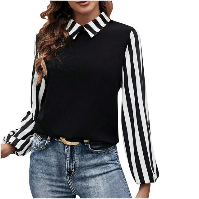 HongQid Chemise Habillée à Boutons pour Femmes Blouse Rayée Manches Longues Col Bureau Hauts Chemises