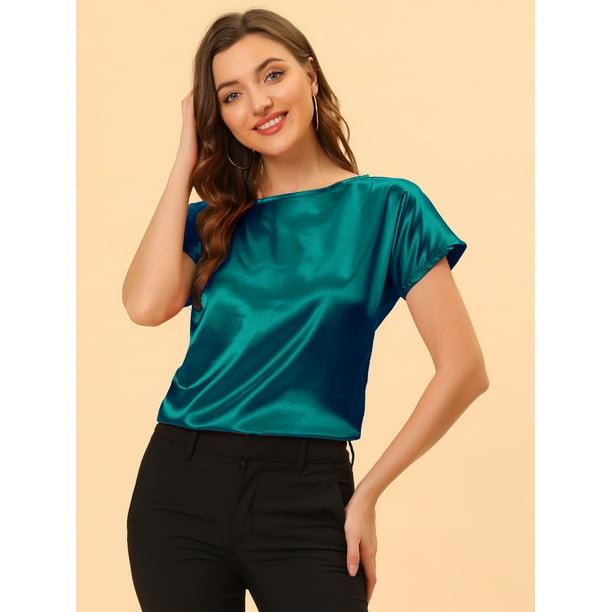 Allegra K Blusa Elegante De Saten Para Mujer Manga Corta Cuello Barco Estilo Vintage Verde M Allegra K Blusa Bodega Aurrera en linea