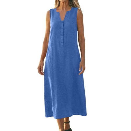 SMihono Women s V Neck Maxi Dress Casual Sleeveless Linen Dresses Loose Fit Solid Color Summer Dress Vacation Sundress Blue XXXL