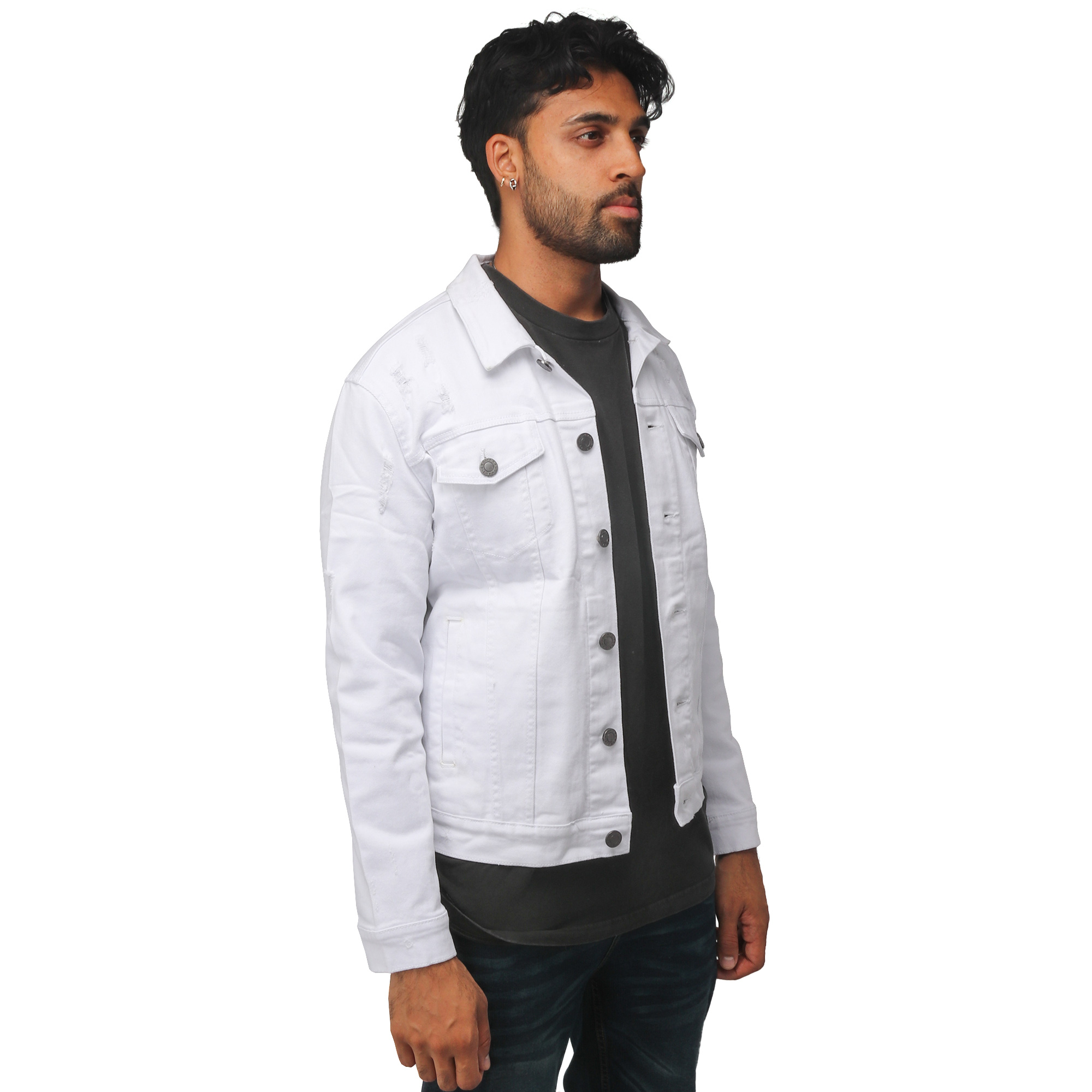 X RAY Men's Denim Jacket, Washed Ripped Distressed Flex Stretch Casual Trucker Biker Jean Jacket, White - Ripped, Small - image 2 of 9