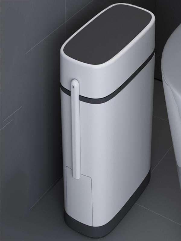 Slim Bathroom Can with Lid & Integrated Toilet Brush Set, Odor-Sealing Garbage Can with Paper Holder, Space-Saving for RV & Small Bathrooms