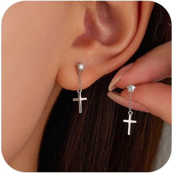 925 Sterling Silver Cross Hoop Dangle Earrings for Women Mother 14K Gold Plated Dangle Cross Tassels Earrings Cubic Zirconia Cartilage Hypoallergenic Drop Christian Mother's Day Easter Jewelry Gifts
