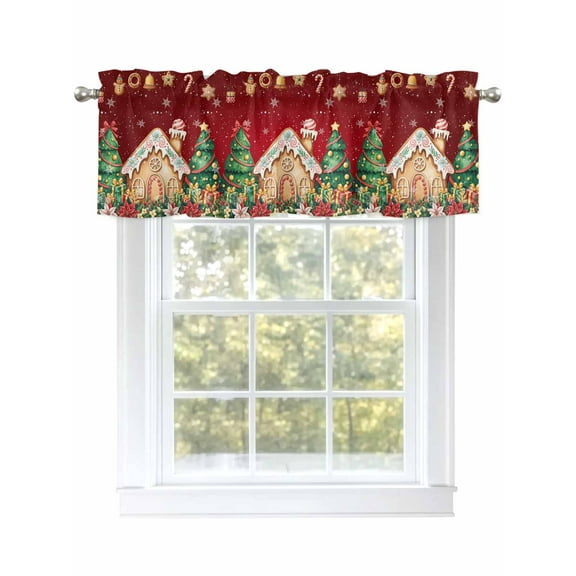 Christmas Tree Valances for Windows Gingerbread House Candy Flower Winter Snow Red Rod Pocket Curtains Valance Short Window Treatment Drapes for Living Room, Bedroom Bathroom 42" W x 18" L